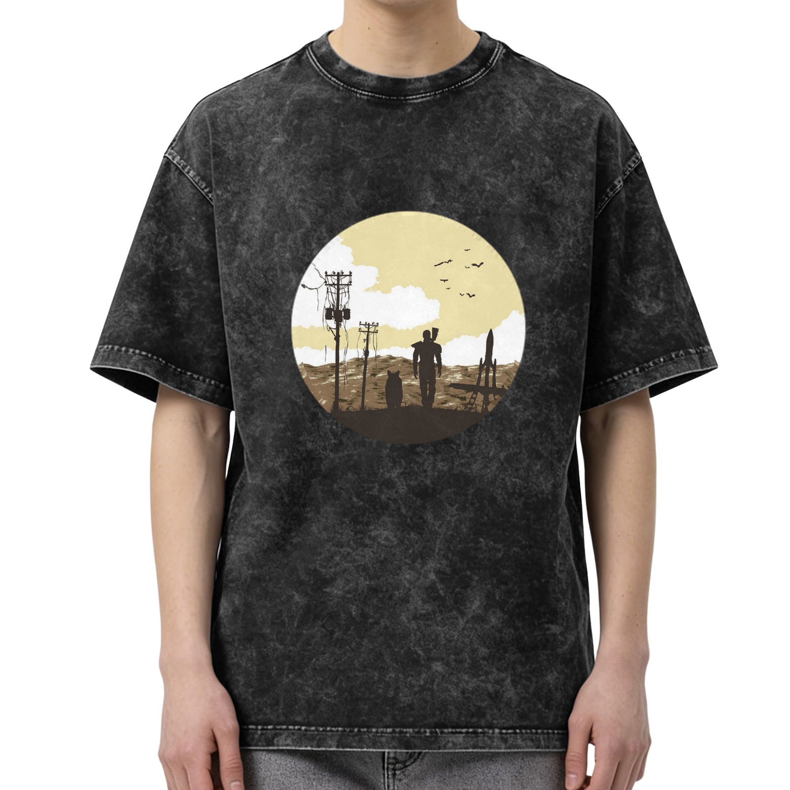 Washed Black T-Shirt With Post Apocalyptic Silhouette Graphic