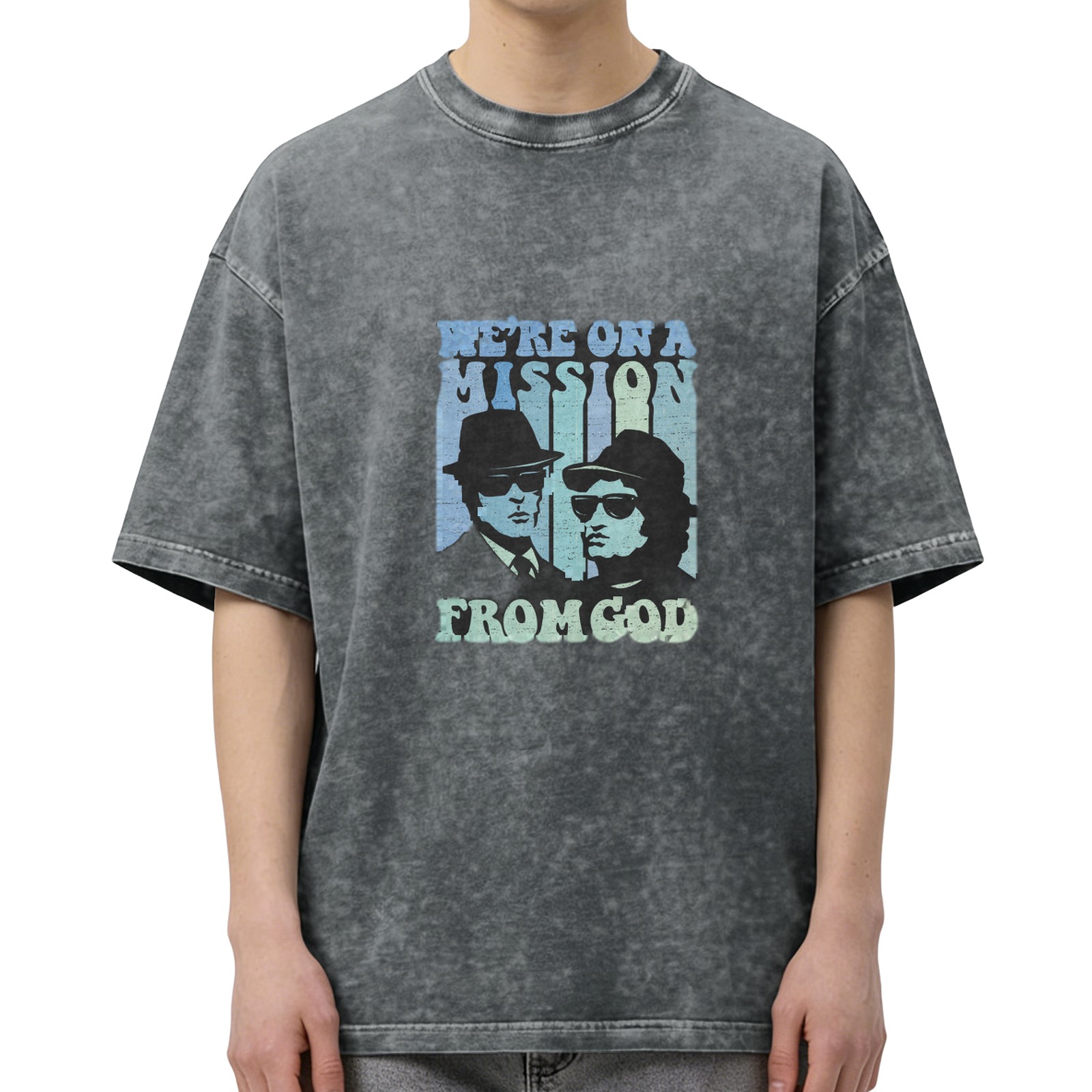 Retro washed black short-sleeved T-shirt Blues Brothers themed print 'We're On A Mission From God' distressed casual top