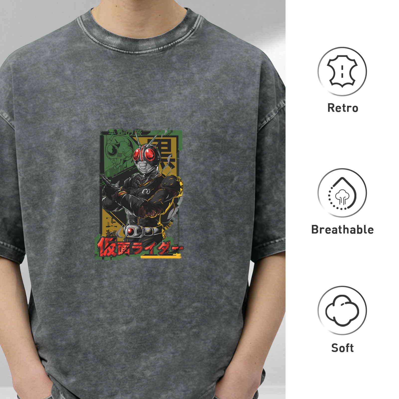 Kamen Rider Graphic Vintage Wash Black Cotton T-Shirt