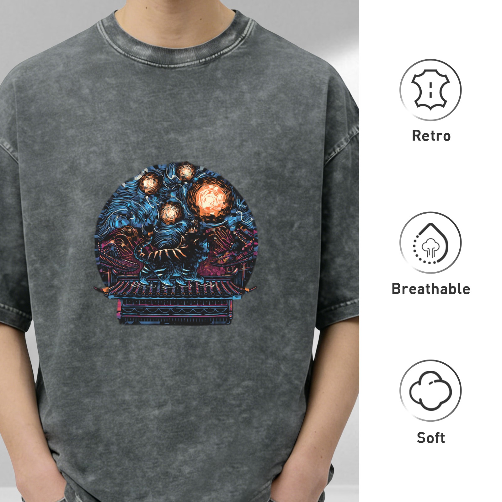 Washed Black Graphic T-Shirt With Mystical Cosmic Art Print