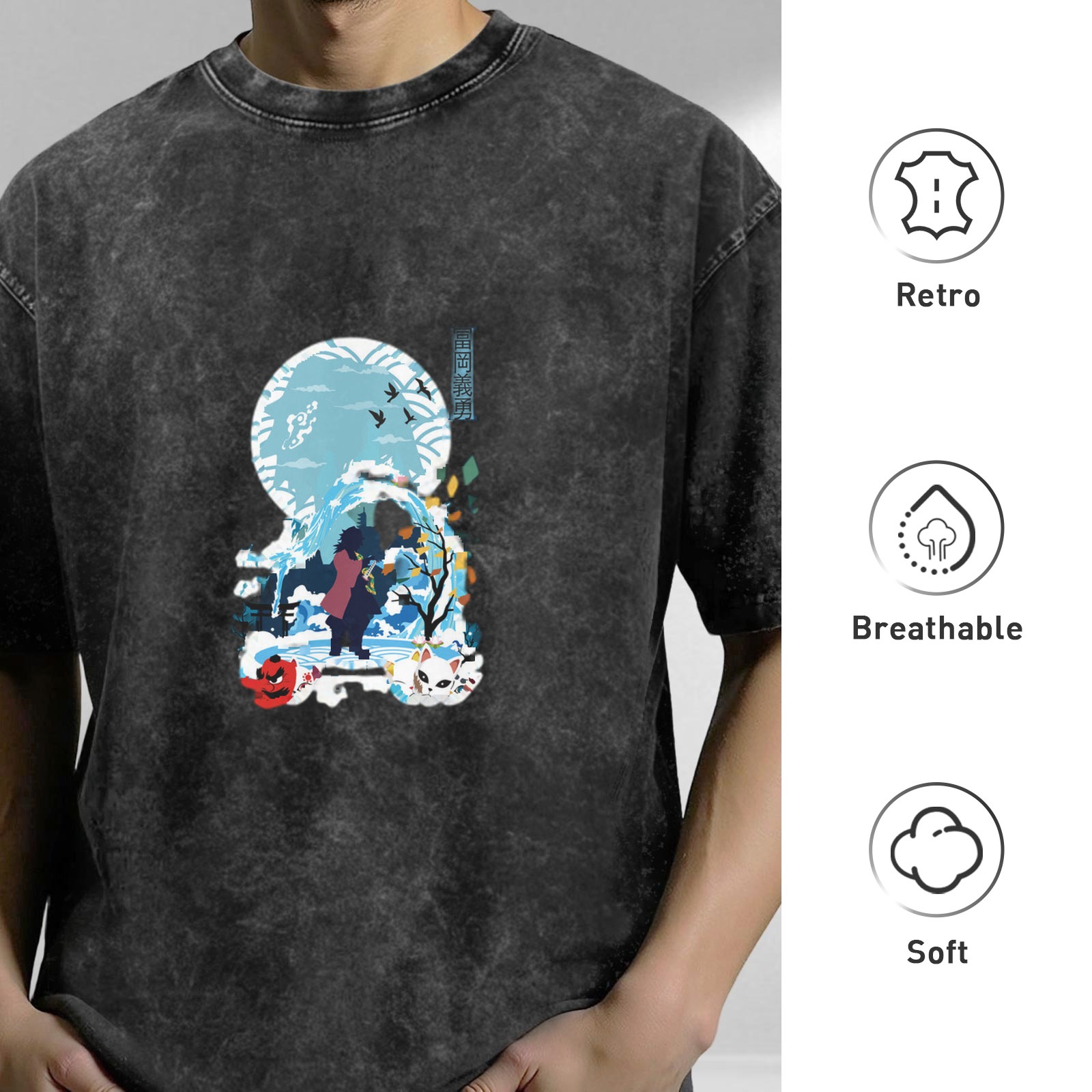 Washed Black Oversized T-Shirt With Anime Water Moon Graphic