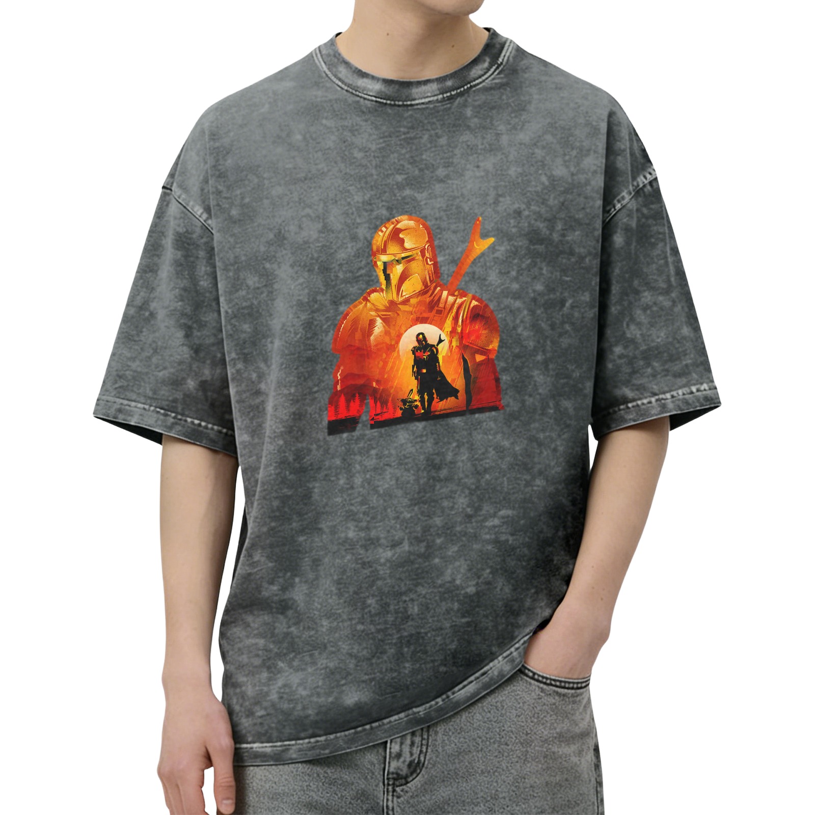 Washed black t-shirt with Mandalorian sunset graphic print