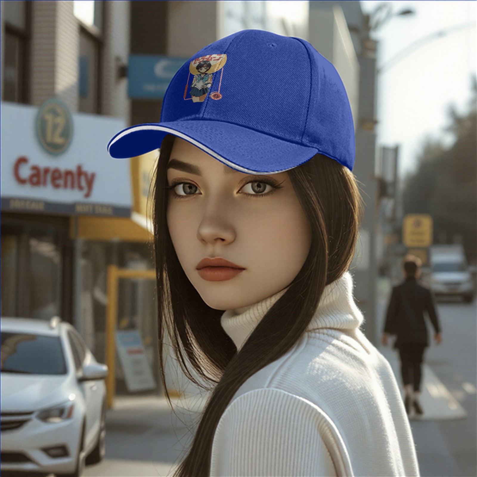 Black baseball cap with Sailor Mercury anime graphic