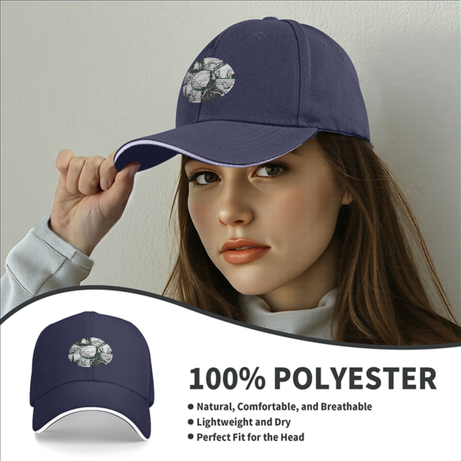 Black Baseball Cap With Circular Nature Landscape Graphic