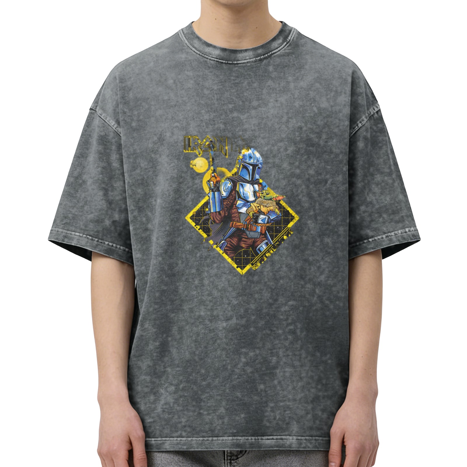 Washed Black Oversized T-Shirt with Mandalorian & Grogu Graphic Print