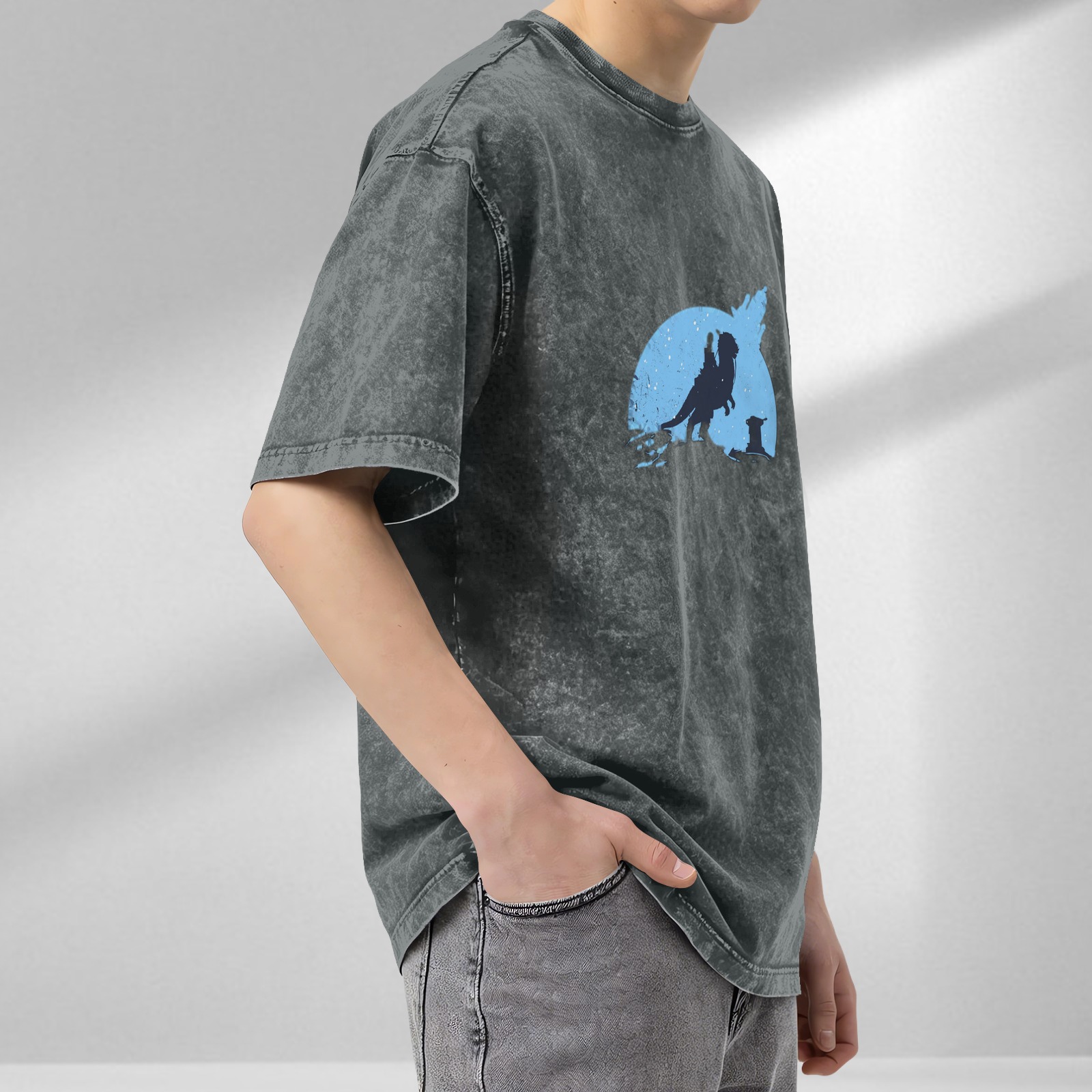 Washed Black T-Shirt With Sci-Fi Creature Rider Silhouette Graphic