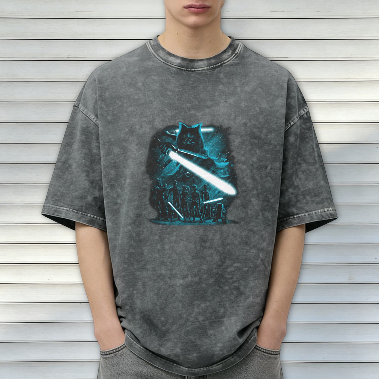 Star Wars Inspired Graphic Print Acid Wash Short Sleeve T-Shirt