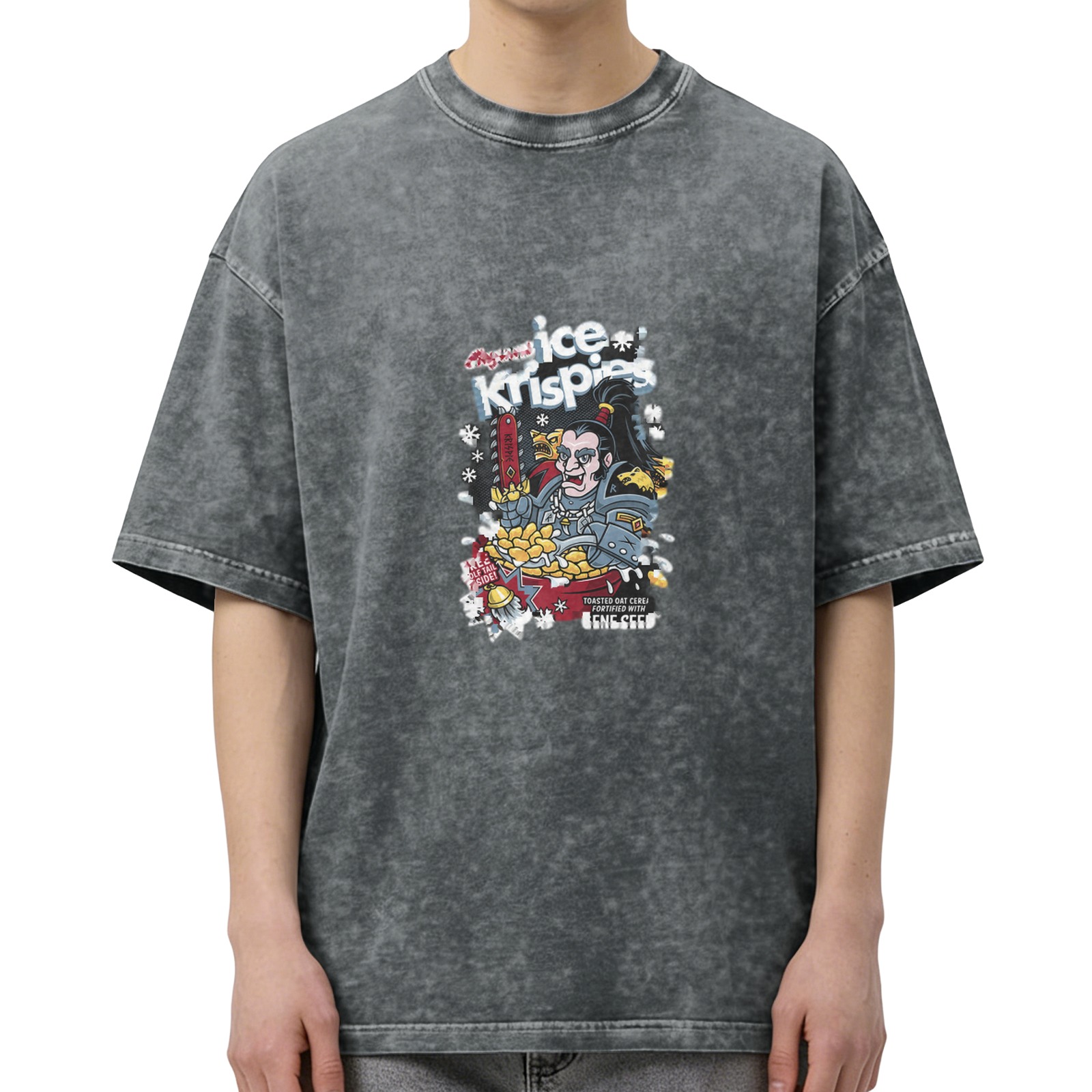 Distressed washed black loose short-sleeved T-shirt Fun co-branded cartoon print top