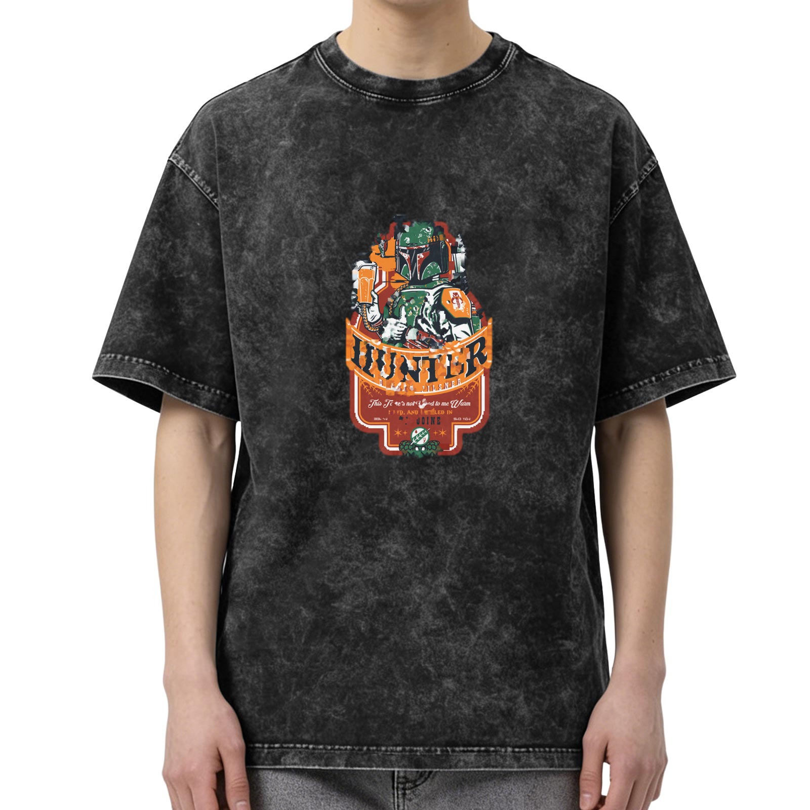 Distressed black short-sleeved T-shirt, bounty hunter themed print, loose casual crew neck top