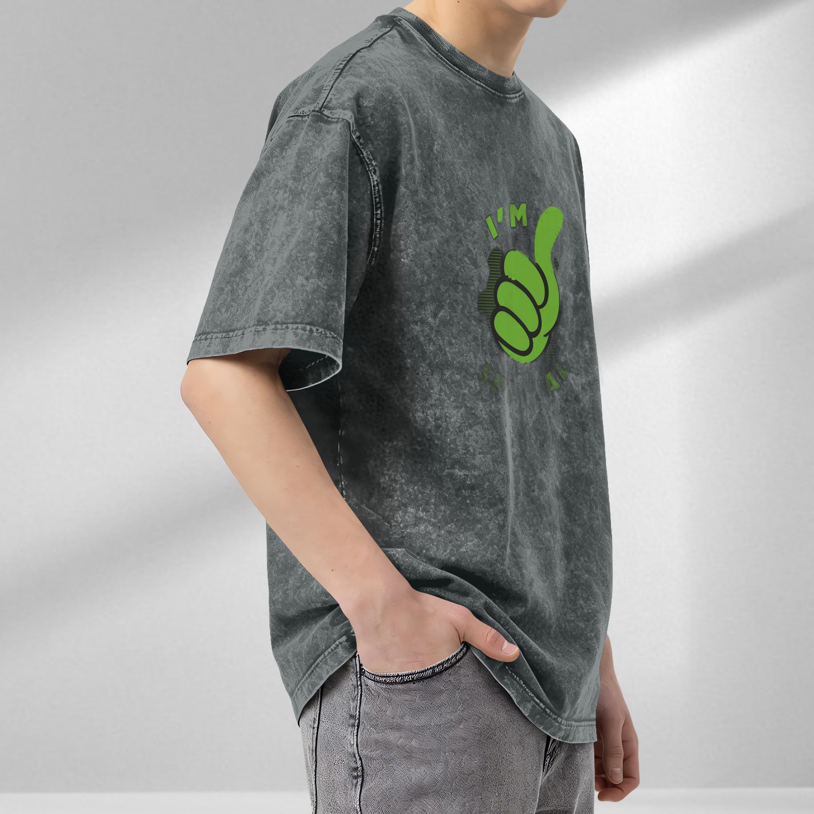 Oversized acid wash t-shirt with green thumbs up graphic