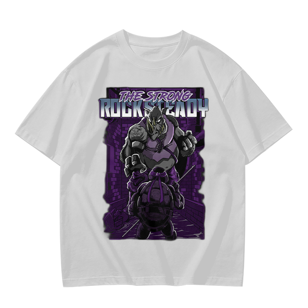 Olive green t-shirt featuring Rocksteady the strong mutant character