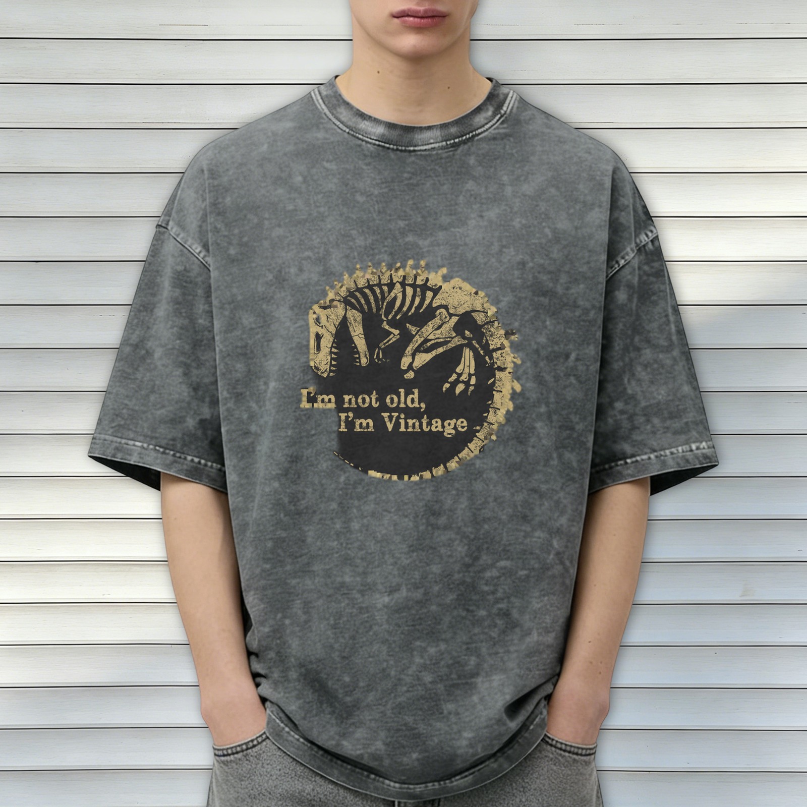 Vintage Washed T-Shirt with Dinosaur Skeleton 'I'm Not Old I'm Vintage' Print