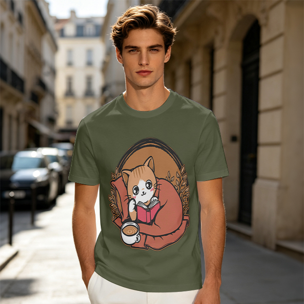 Olive T-Shirt With Cute Cat Reading Book And Coffee Print