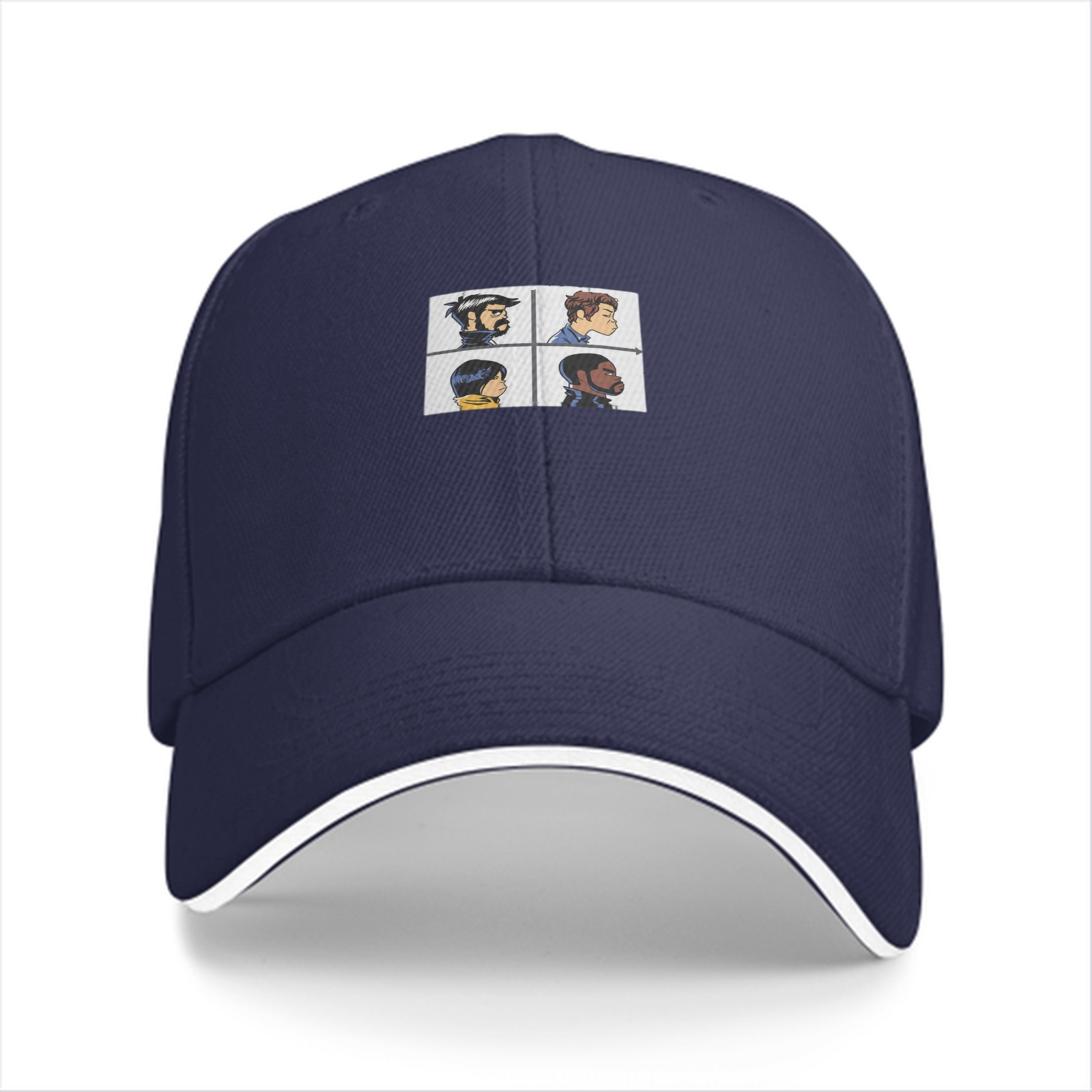 Black Baseball Cap With Four Character Profile Print Design