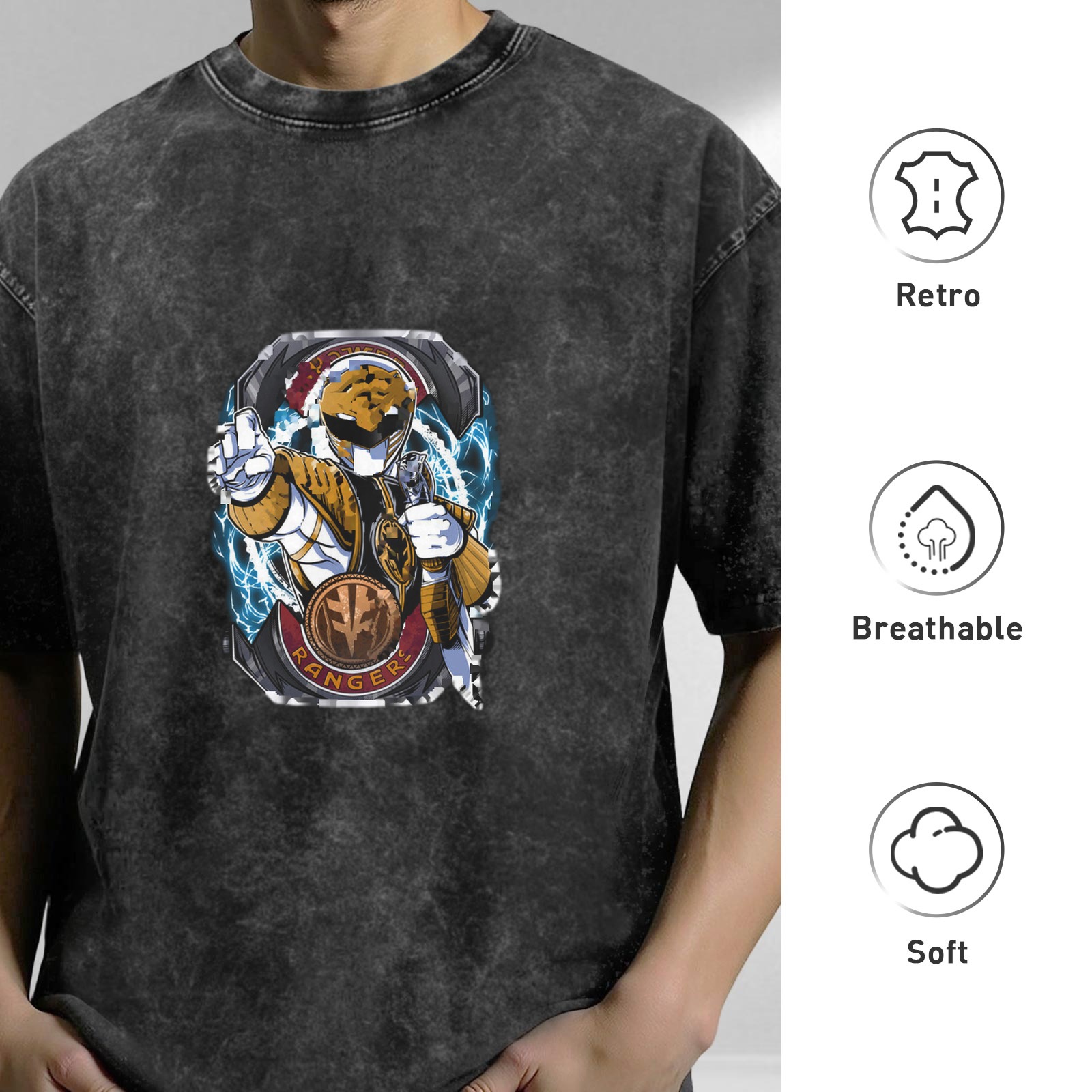 Oversized Stonewashed T-Shirt with White Power Ranger Graphic