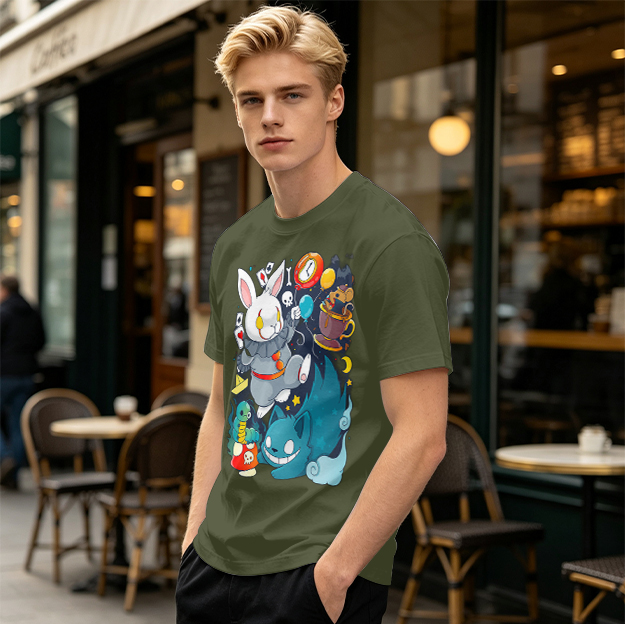 Alice in Wonderland Themed Graphic T-Shirt with Whimsical Characters