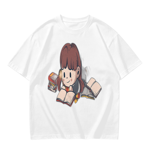 Olive T-shirt with Charming Girl Reading Books Graphic