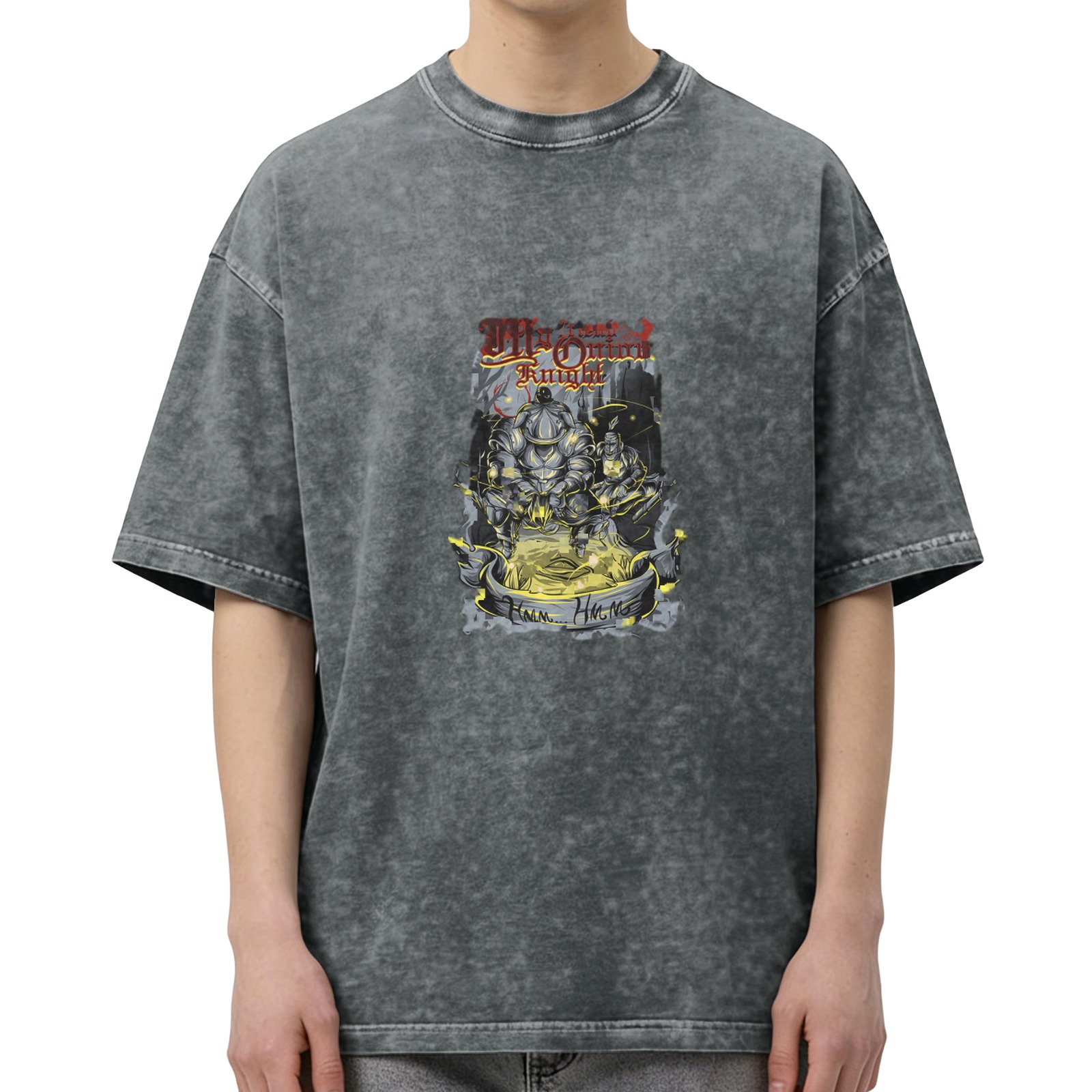 Oversized Stonewashed Black T-Shirt With Fantasy Knight Graphic Print
