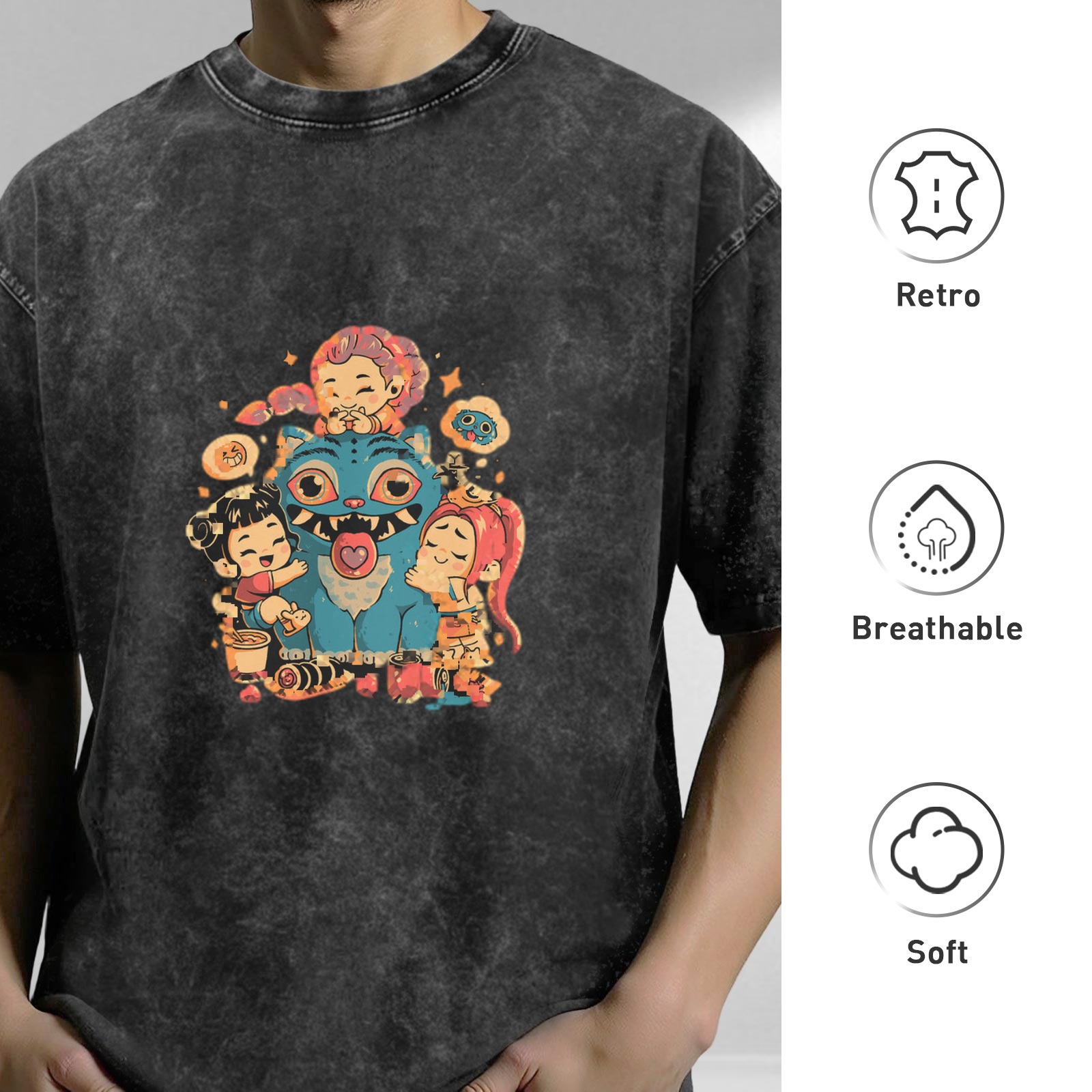 Oversized Vintage Wash T-shirt with Cute Monster & Chibi Characters Graphic Print, Dark Gray Acid Wash Casual Tee