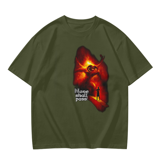 Olive T-Shirt with 'None Shall Pass' Fire Demon Graphic