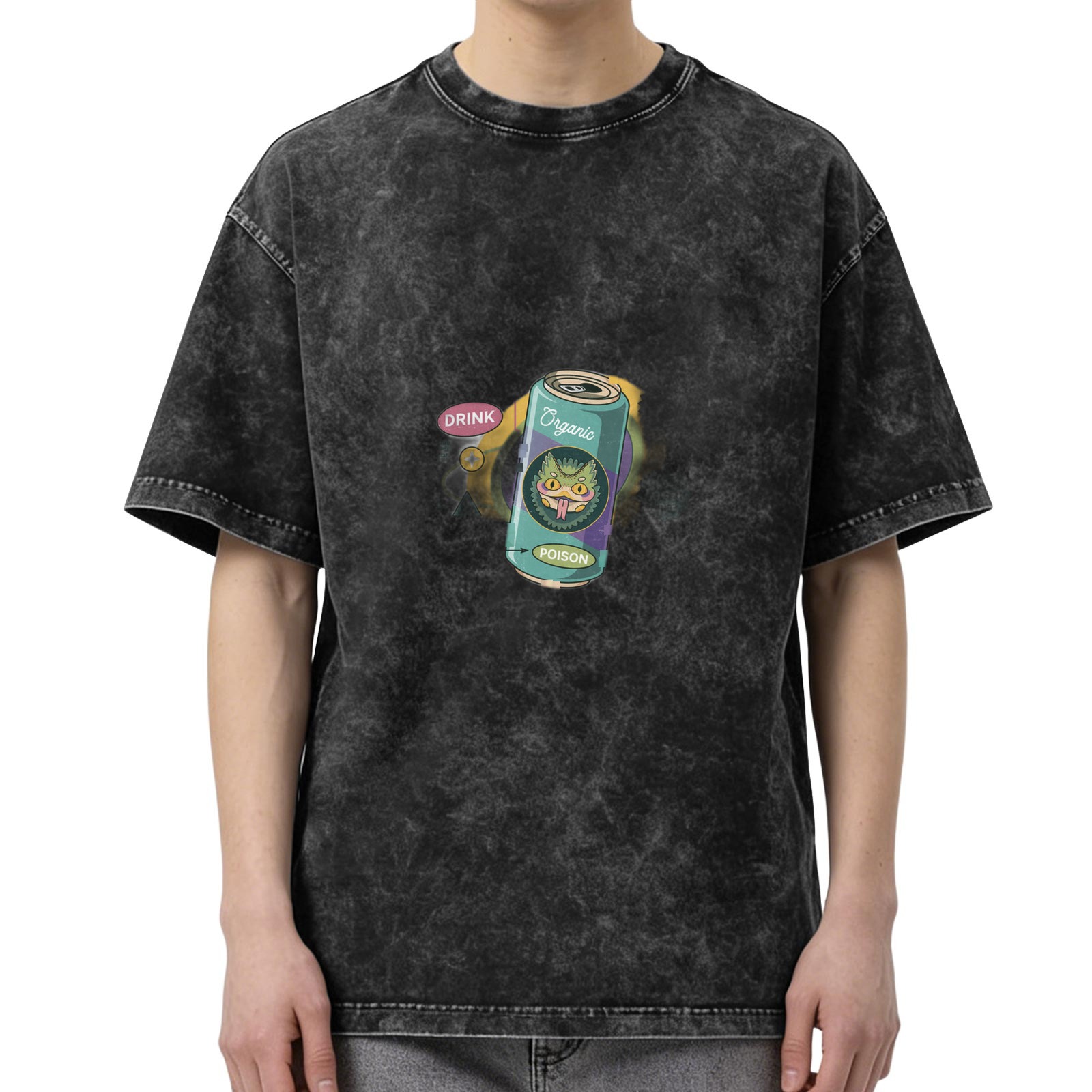 Oversized Black Acid Wash T-Shirt With Organic Poison Can Graphic