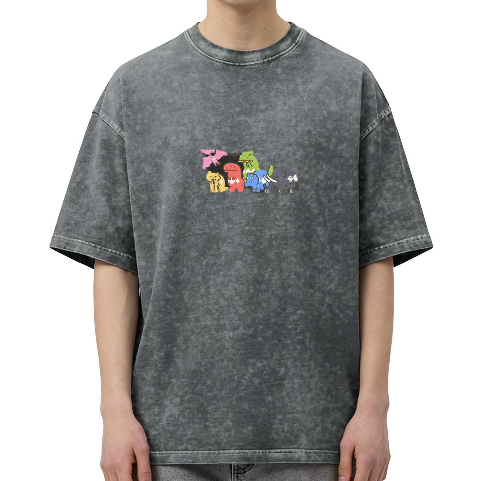Distressed black cartoon dinosaur print loose short-sleeved T-shirt