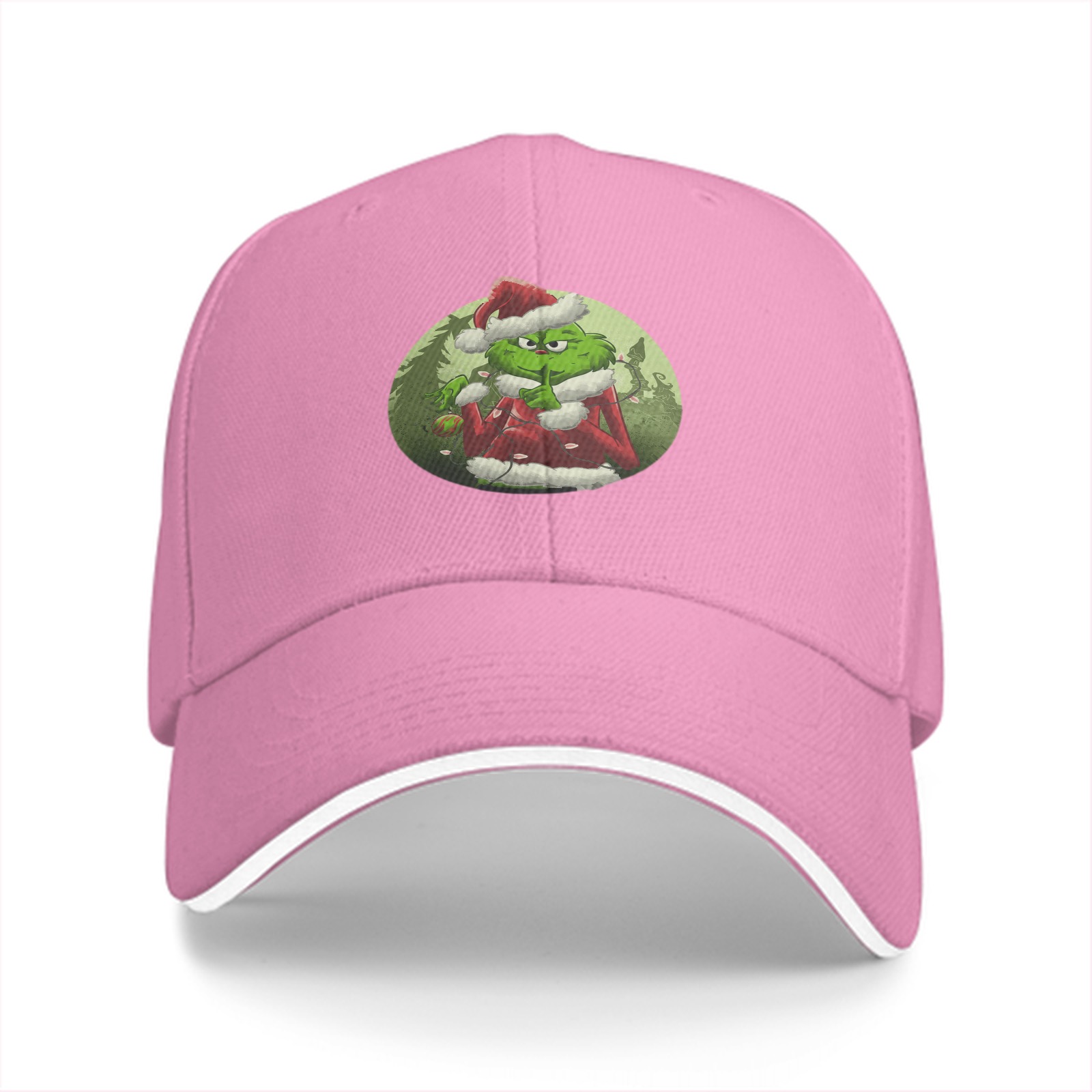 Black baseball cap with Grinch in Santa costume graphic