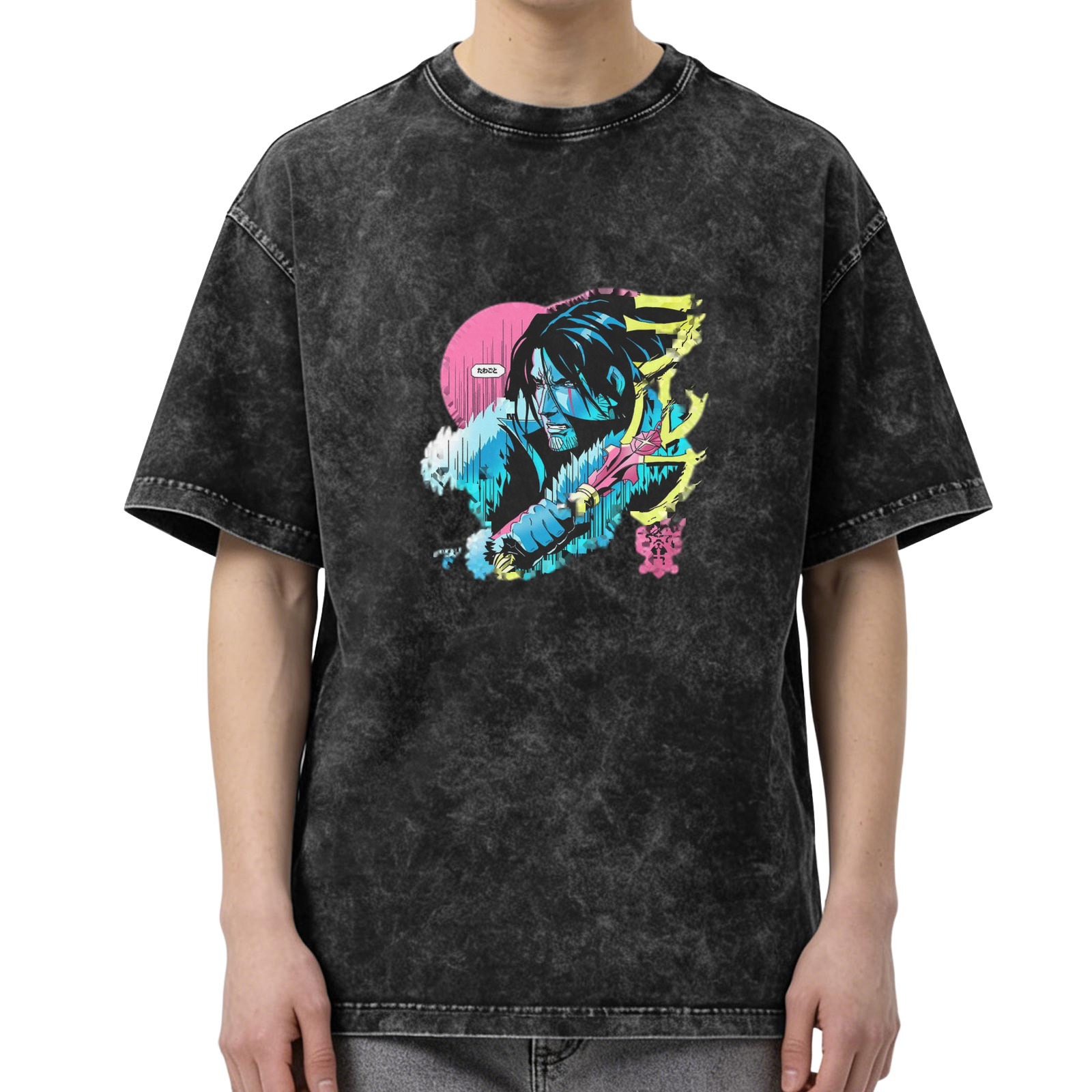 Distressed washed black loose short-sleeved T-shirt anime style character print design