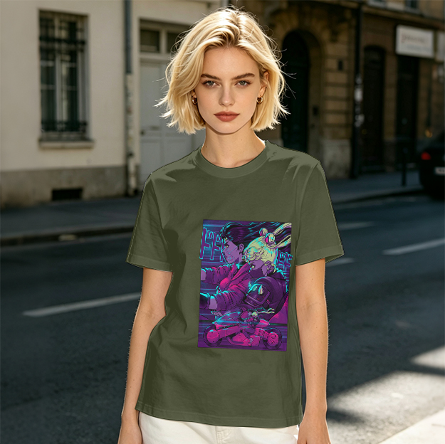 Olive T-shirt with Neon Cyberpunk Anime Character Print