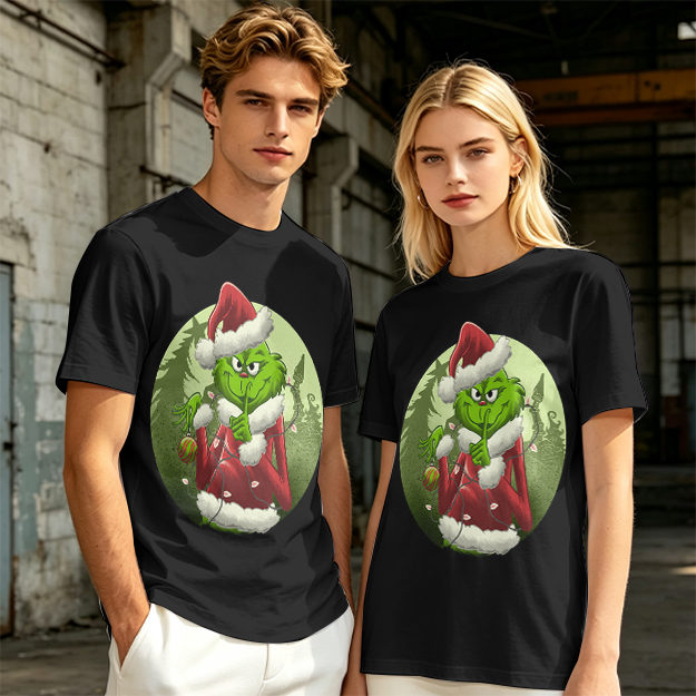 Olive Green T-Shirt Featuring The Grinch In Santa Costume