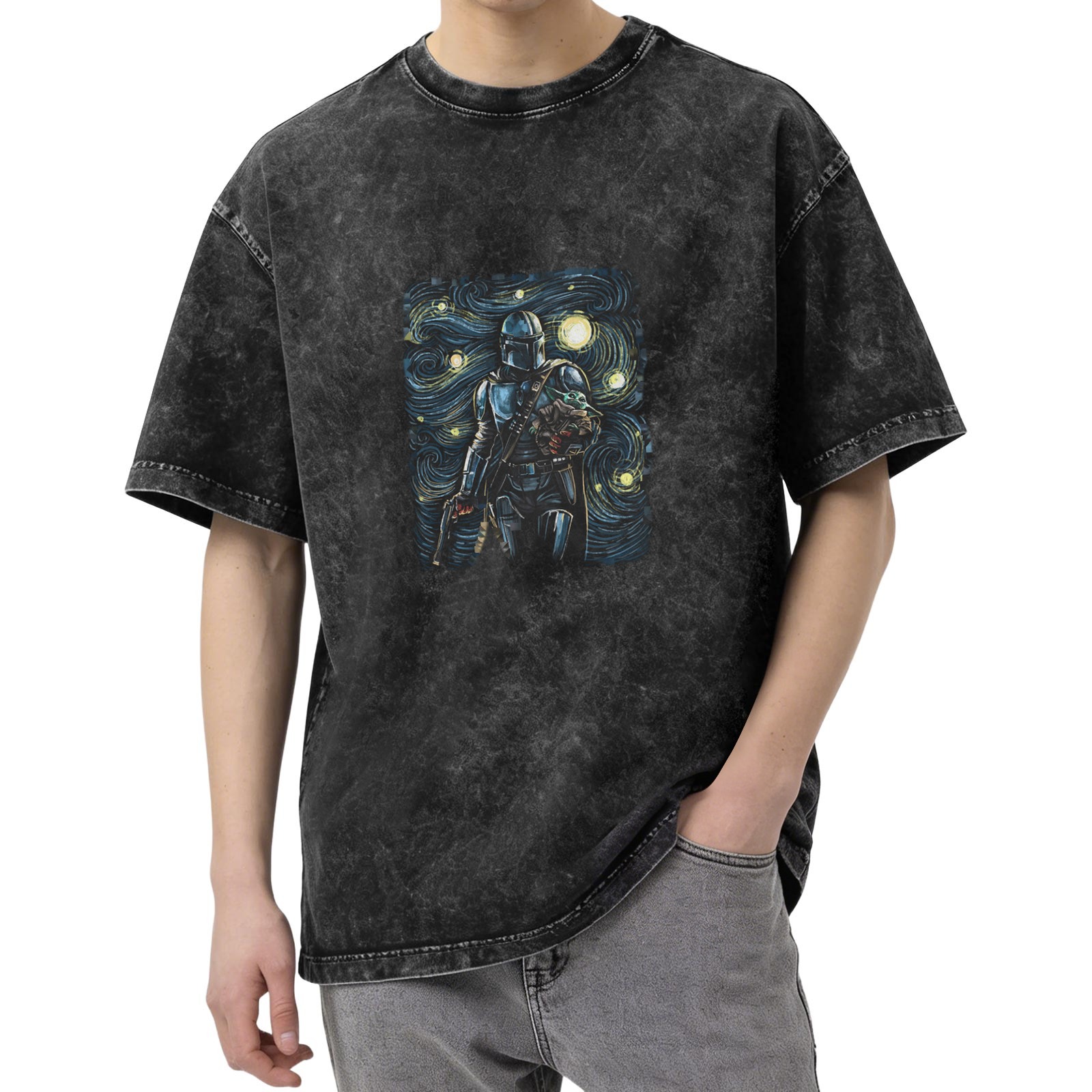 Washed Black T-Shirt With Mandalorian Starry Night Art Print