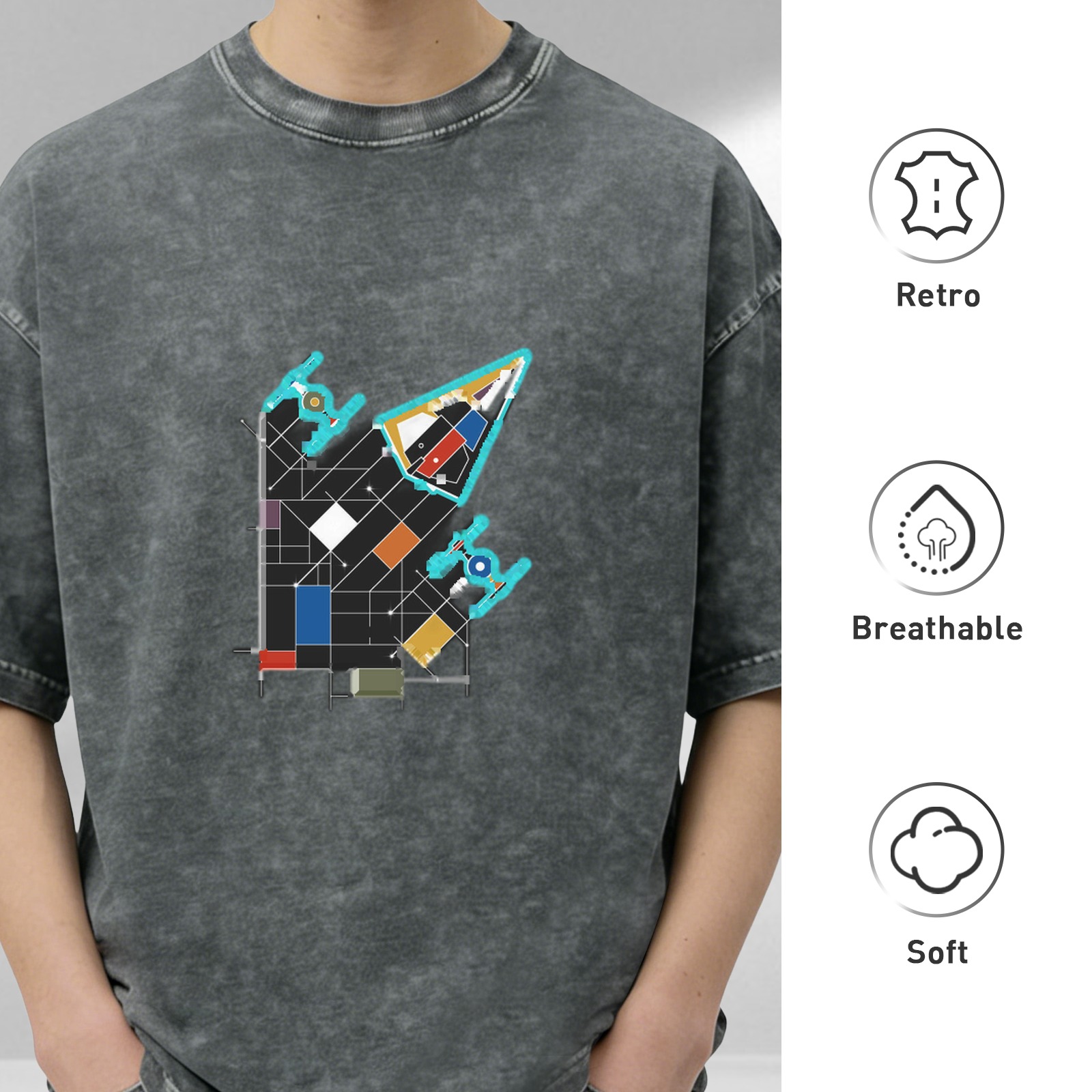 Oversized Acid Wash T-Shirt with Abstract Geometric Space Ship Graphic