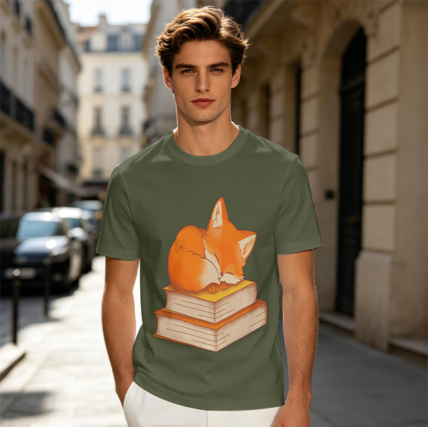 Olive T-Shirt With Sleeping Fox On Stacked Books Print