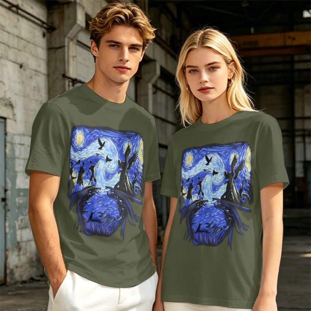 Olive T-Shirt with Starry Night Style Fantasy Art Print