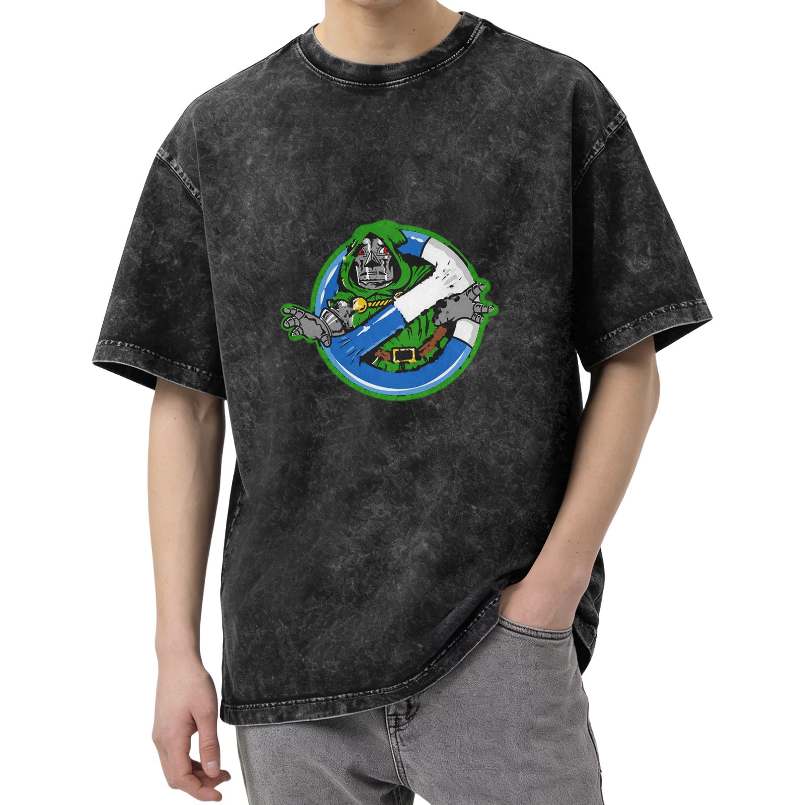 Oversized dark washed graphic tee with Doctor Doom ghostbusters style print