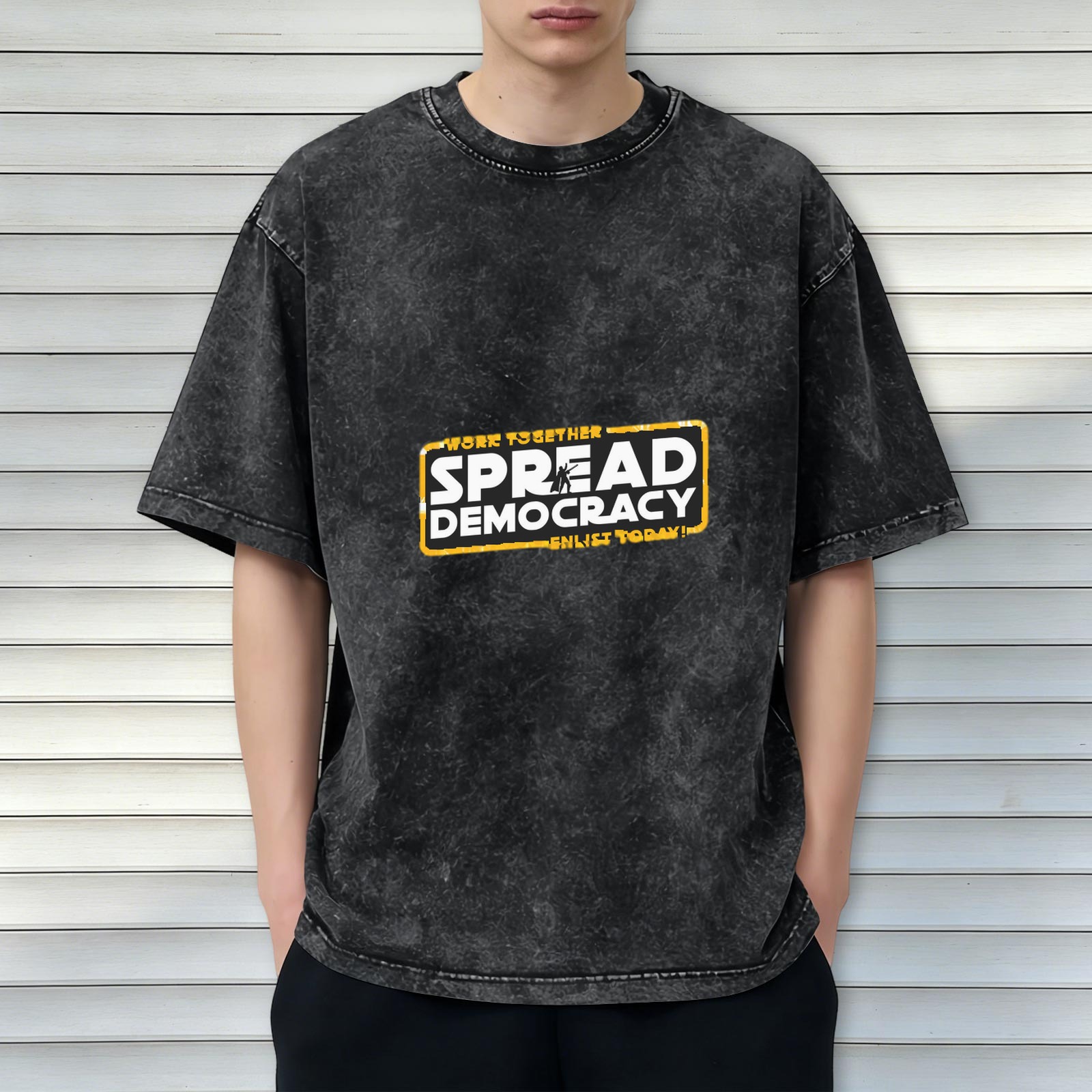 Oversized Acid Wash Graphic T-Shirt with 'Spread Democracy' Star Wars Parody Print