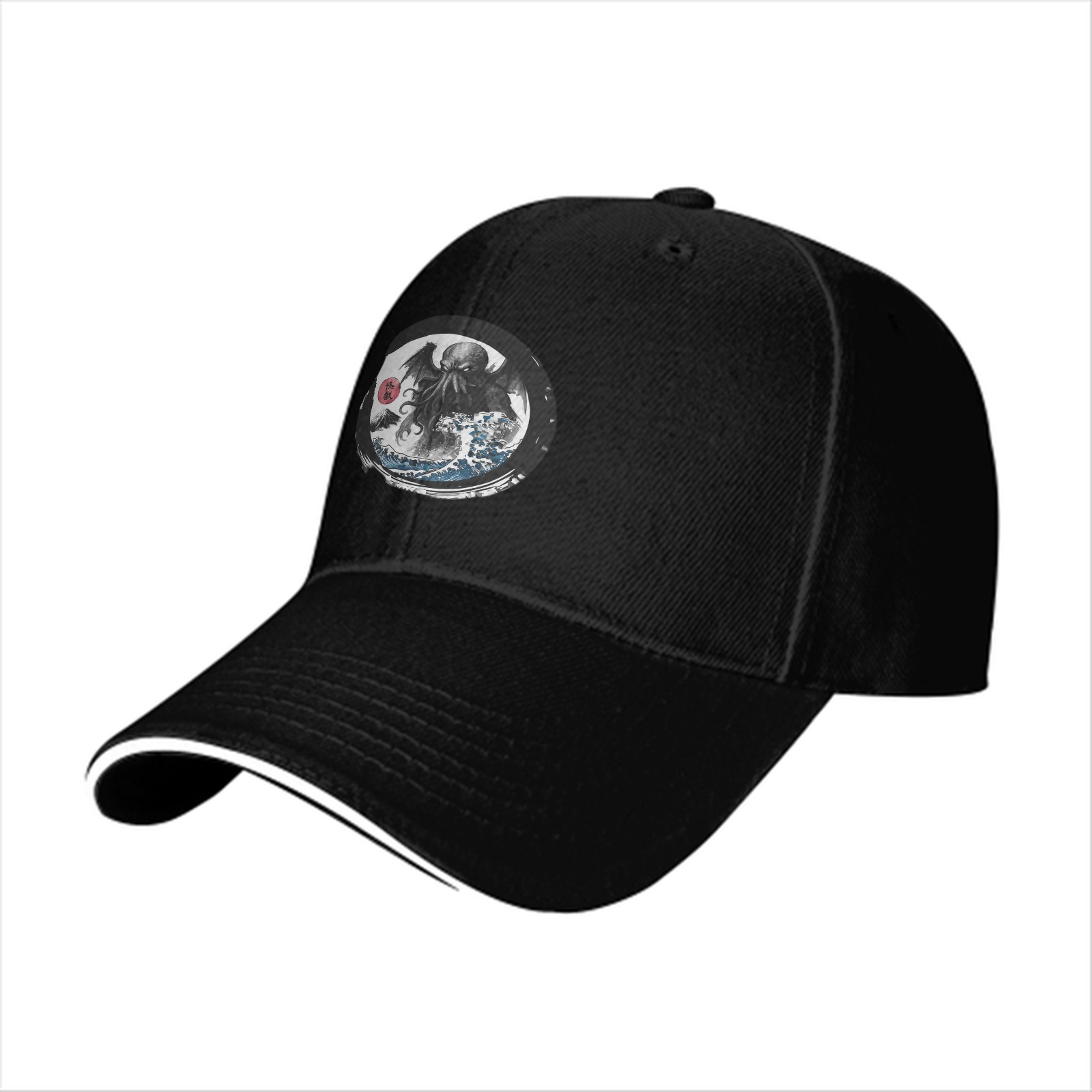 Black Baseball Cap with Cthulhu Great Wave Art Print