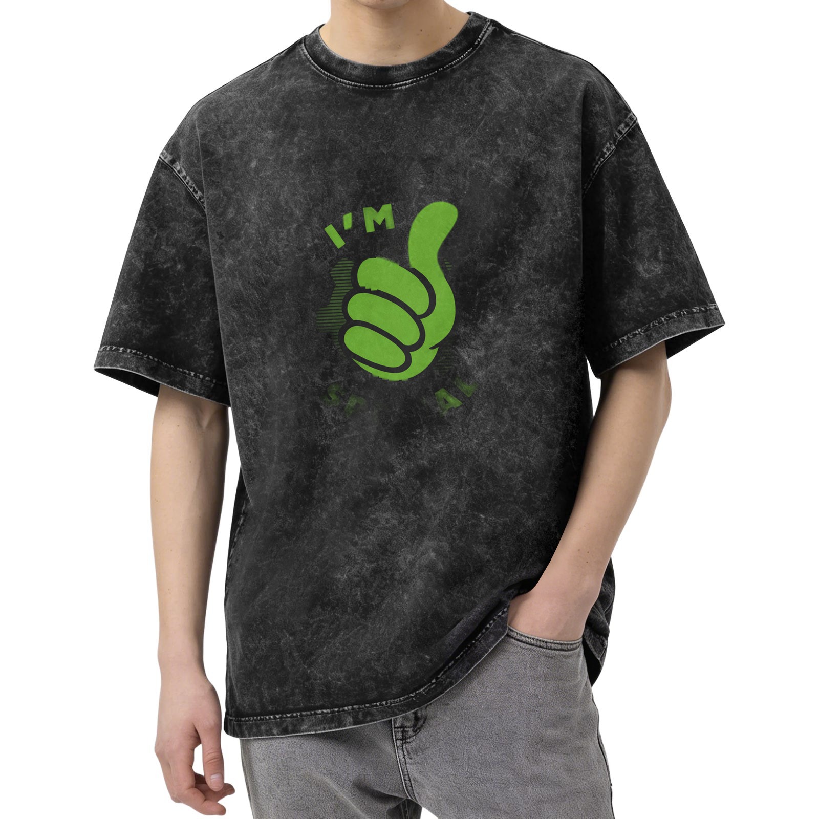 Oversized acid wash t-shirt with green thumbs up graphic