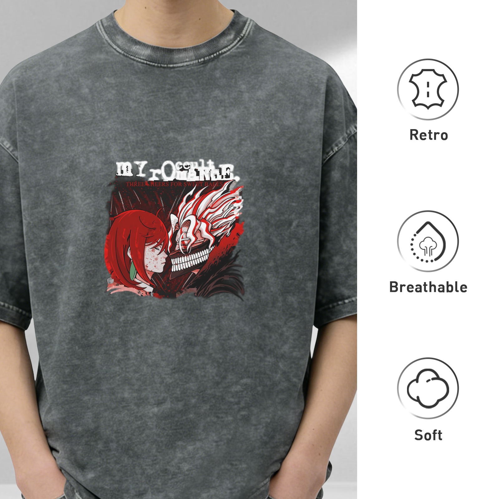 Oversized Acid Wash Anime Graphic T-Shirt with Dark Art Print