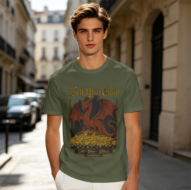 Olive Dragon Treasure T-Shirt with Sell Your Gold Fantasy Art