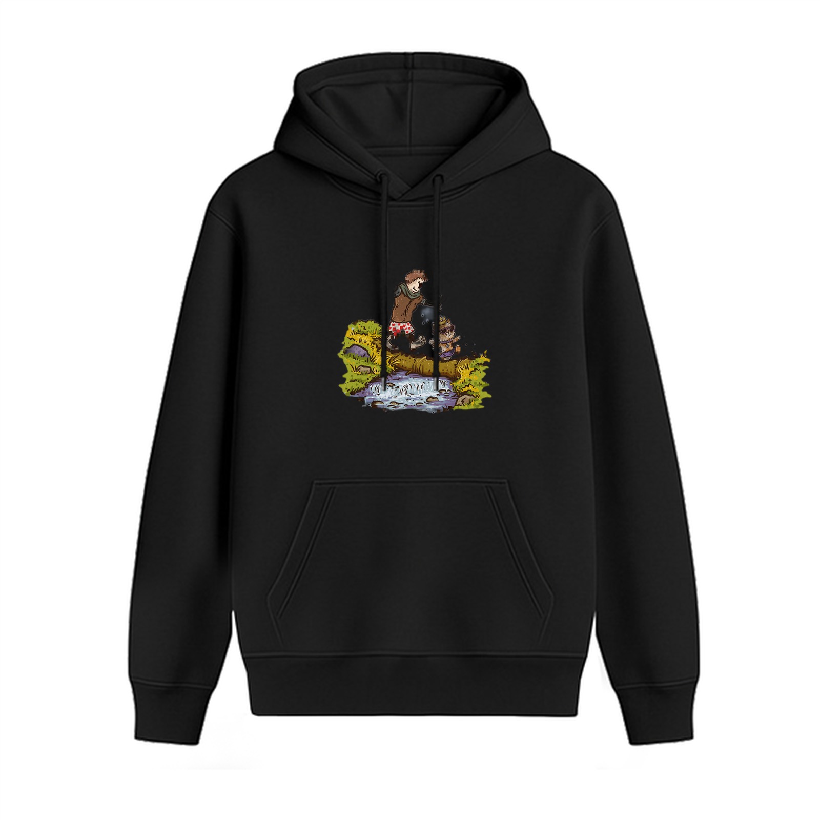 Black Hoodie With Whimsical Forest Character Graphic Print