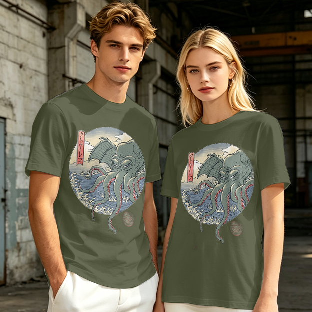 Olive T-shirt with Ukiyo-e Style Cthulhu Octopus Print