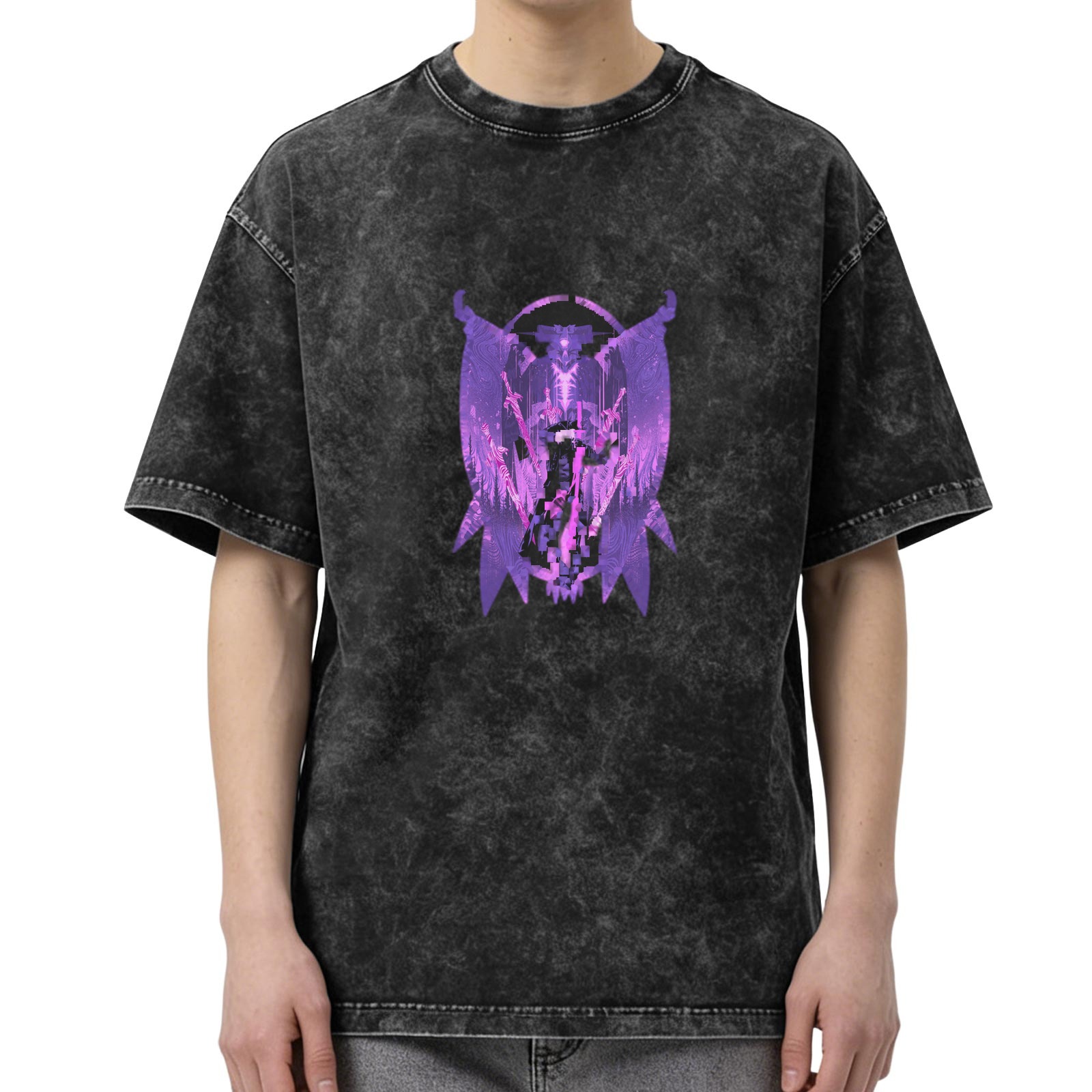 Washed Black T-Shirt With Purple Dark Angel Graphic Print