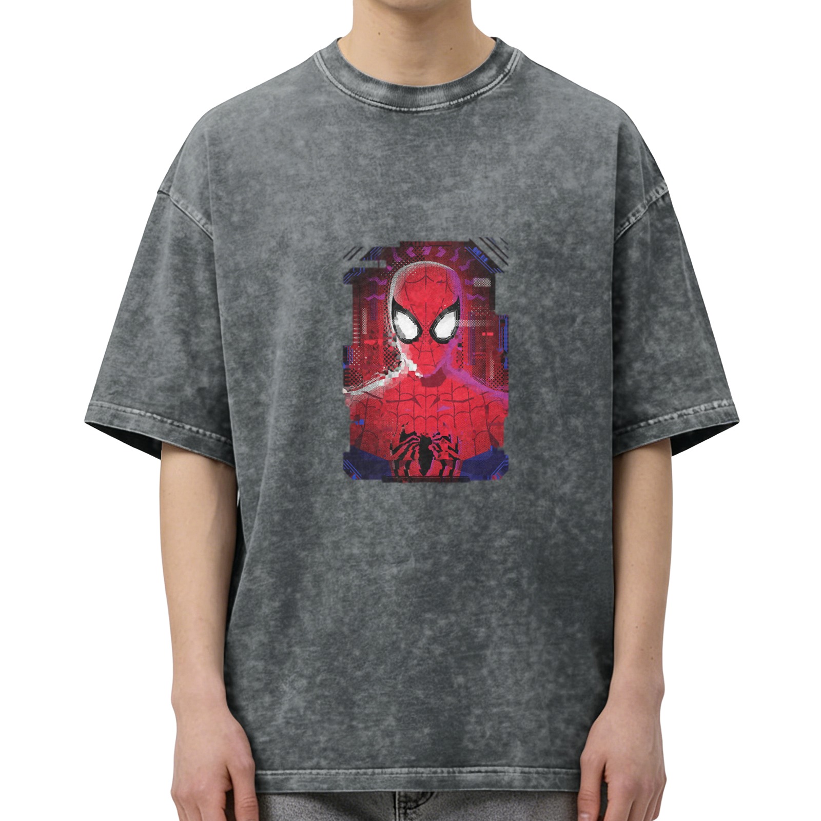 Washed Black Oversized T-Shirt with Spider-Man Graphic
