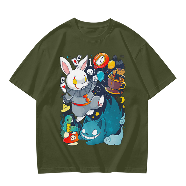 Alice in Wonderland Themed Graphic T-Shirt with Whimsical Characters