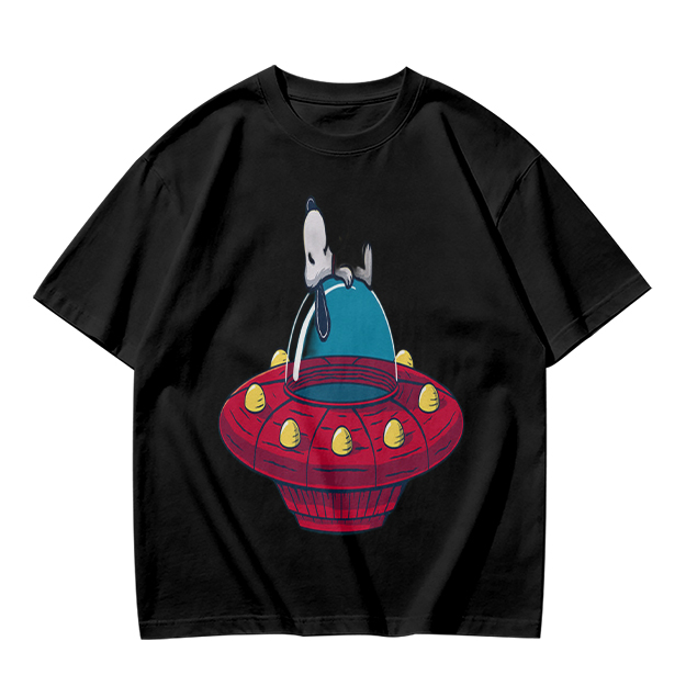 Olive T-Shirt Featuring Snoopy Relaxing in a Red UFO