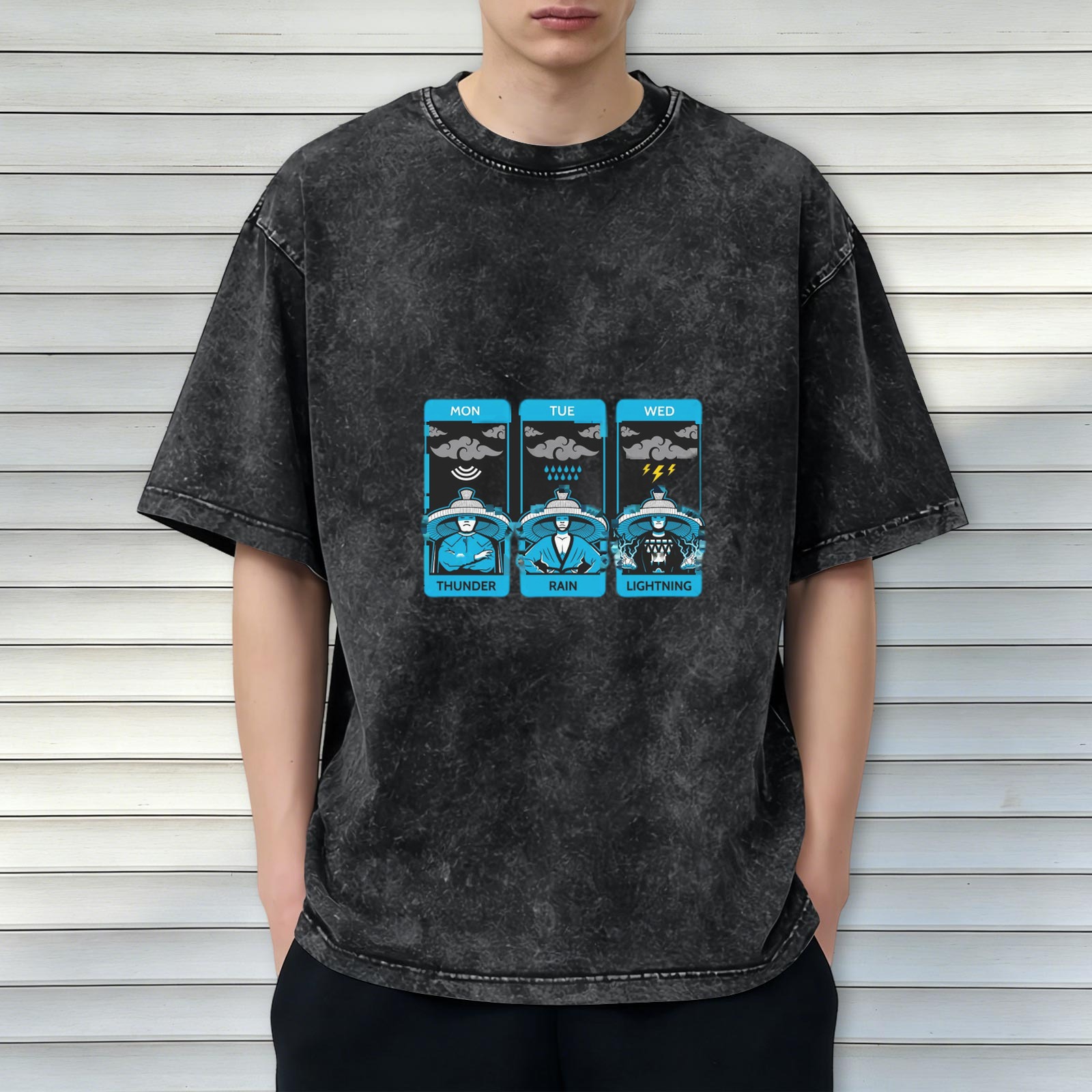 Distressed washed black loose short-sleeved T-shirt Monday to Wednesday weather-themed fun printed top