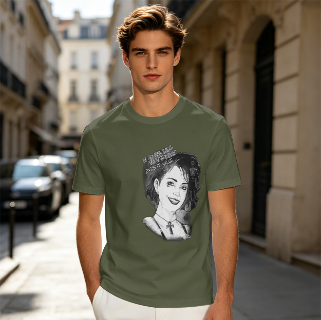 Olive T-Shirt with Black and White Portrait Print