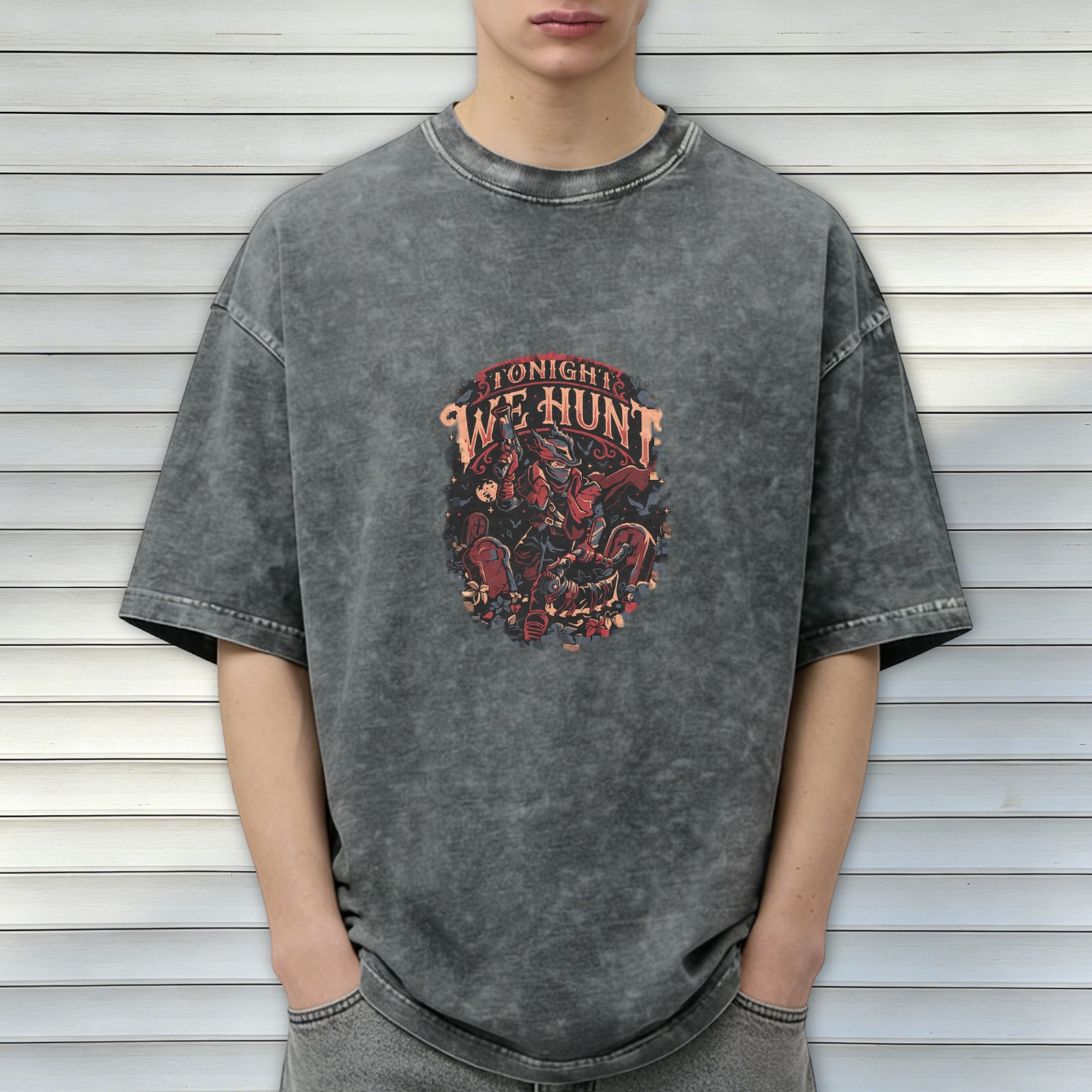 Washed Black Graphic T-Shirt With Tonight We Hunt Monster Hunter Design