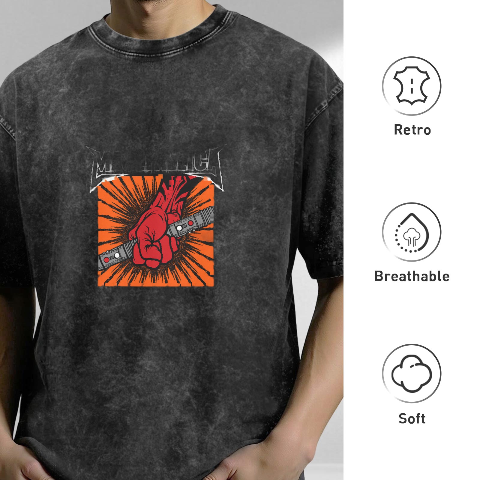 Metallica rock band themed acid washed distressed short-sleeved T-shirt Heavy metal band peripheral printed top